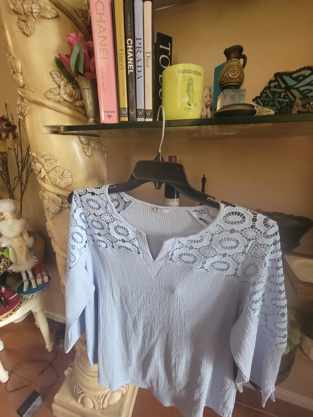Light Blue Lace Yoke Women’s Blouse - Elegant V-Neck Top